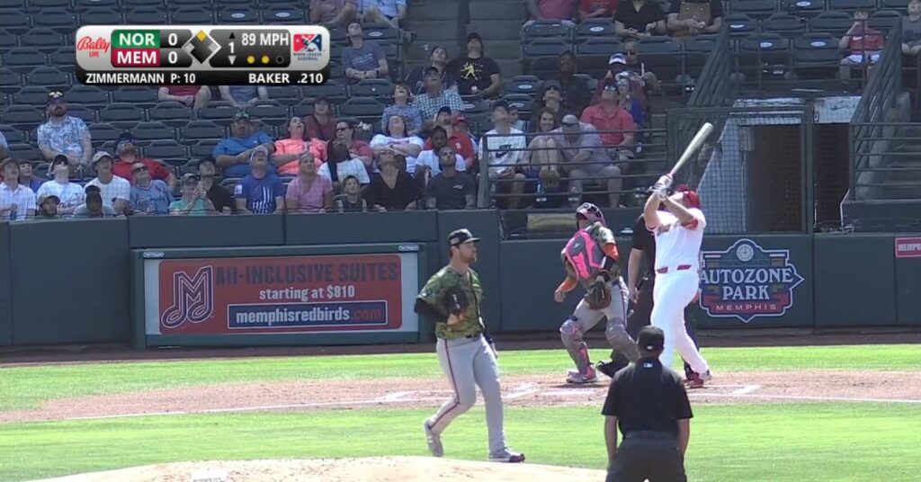 Screen shot of a televised Memphis Redbirds minor league baseball game with Van Wagner behind homeplate signage.